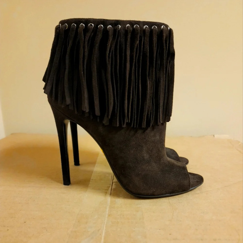 Prada Black Fringe Peep Toe Suede Boots, 8.5 USA Size